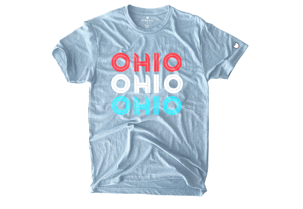 Red White and Blue Ohio T-shirt showcasing Ohio pride with a patriotic design by The Heart State