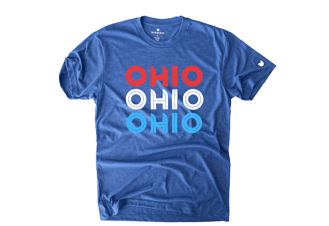 Red White and Blue Ohio T-shirt showcasing Ohio pride with a patriotic design by The Heart State